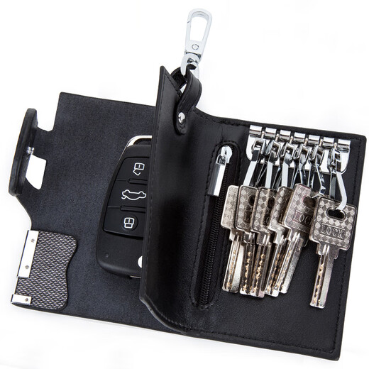 袋鼠男士真皮钥匙包2024时尚新款多功能锁匙包男士时尚休闲包 黑色平纹