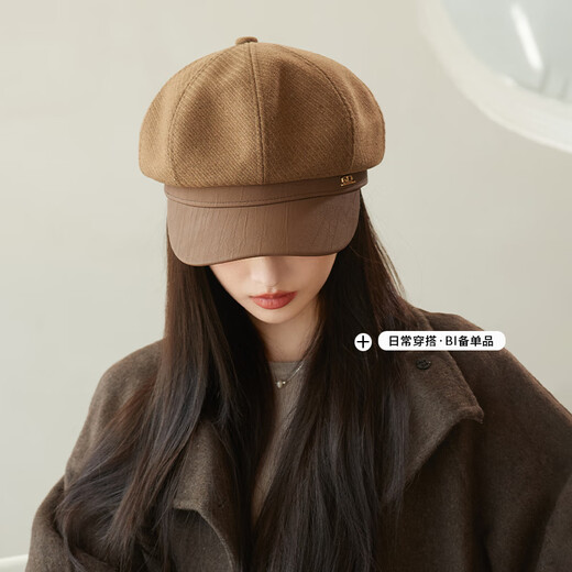 Charming Smiling Hat Women's Autumn and Winter Beret Face Revealing Small Black Octagonal Hat Korean Style New Versatile Painter Hat Duck Tongue Bere Hat Black One Size