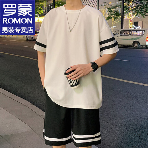 
ROMON ice silk short-sleeved T-shirt men's suit 2024 summer short-sleeved men's half-sleeved casual base shirt summer shorts men's suit FKS653 white suit XL about 130-150Jin [Jin equals 0.5 kg]