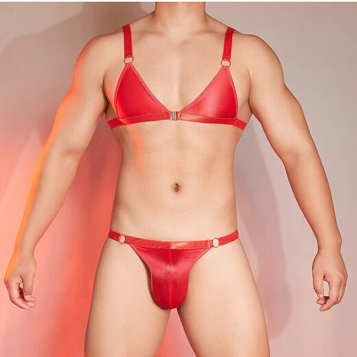 The Temptation of Desire Gay Sexy Underwear Men's Metal Ring Suspension Three-Point Japanese-Korean Style Male Passion Temptation Set Sexy T-string Transvestite Briefs Gay Adult Products Red Top + Red Underwear One Size