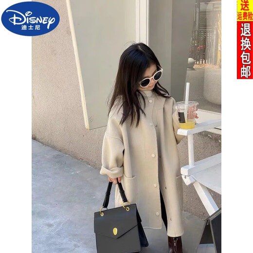 迪士尼（DISNEY）高端童装中长款女童大衣加厚毛呢大衣中小童呢子连帽外套冬季风衣 驼色【夹棉】 160