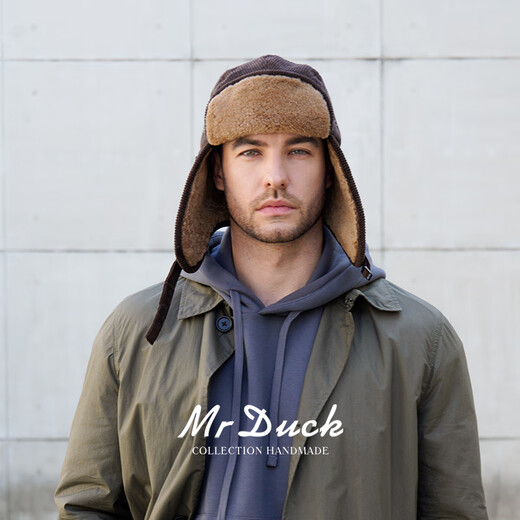 Mr DUCK Australian fur one-piece lamb hair ear protection thunder cap for men and women retro corduroy flight hat Northeast winter travel adobe brown (thickened to keep warm and cold-proof)-MW366172 M (suitable for 55-57cm head circumference)