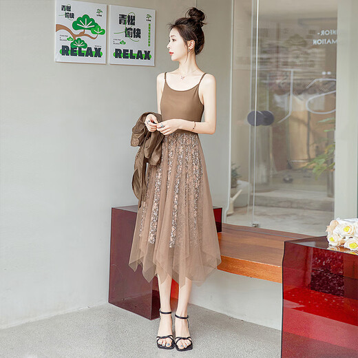 
Silk Cypress House 2024 summer shirt with floral mesh suspender skirt two-piece suit S22R1583NA Coffee XXL