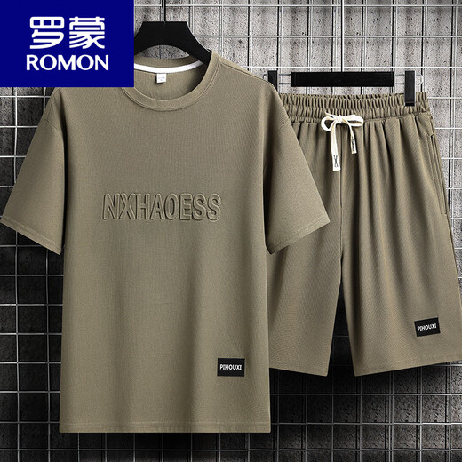ROMON Lässiger Sportanzug für Herren, Sommer, trendiges Eisseiden-T-Shirt, dünne Shorts, große, kurzärmelige, hübsche, passende zweiteilige Anzug-TZ829 Khaki-Oberteil + Hose M empfohlen 90-110Jin Jin entspricht 0,5 kg