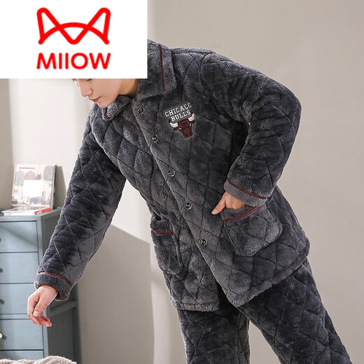 Catman (Miiow) Winter-Herren-Pyjama-Korallen-Samt dreischichtige Baumwolle verdickte Flanellherbst- und Winter-Heimkleidung warmes Set D9922 Blau [Plover] XL [120-140jin [Jin gleich 0,5 kg]]