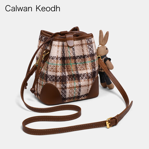 CALWAN KEODH包包女包2025新款斜挎包高级感通勤单肩水桶包生日元旦礼物送女友 【咖色】轻奢时尚百搭格纹包实用走心女生闺蜜