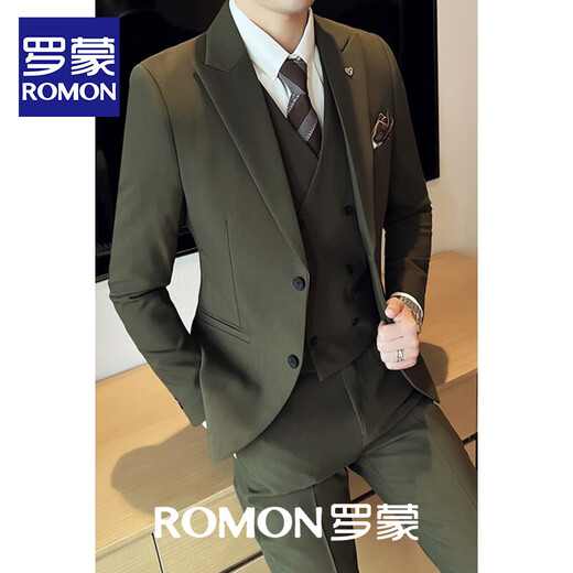 ROMON, light and sophisticated, simple British business suit, men's casual business suit, small suit, solid color coat, groom's wedding dress, trendy gray (suit + vest + pants) M 170