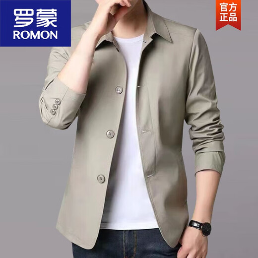罗蒙（ROMON）春秋季男士商务休闲夹克中青年纯色翻领薄款韩版修身风.衣外套 浅灰色1048 M 建议98-110斤
