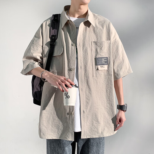 
Baiqueting short-sleeved shirt men's summer new ice silk shirt jacket men's trendy brand loose casual work jacket top 854 light gray 3XL