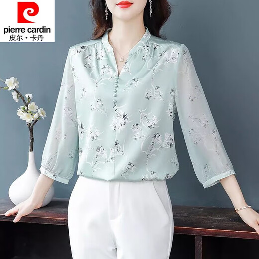 皮尔卡丹（pierre cardin）23年新款真丝衬衫女夏季新款洋气薄款七分袖印花桑蚕丝小衫上衣女 图片色 9227# 2XL 125-135斤