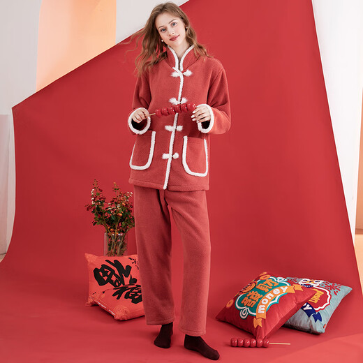 Fenton Pajamas Women's Autumn and Winter Coral Velvet Thickened Stand-up Collar Long Sleeve Imitation Sherpa Festive Chinese Pajamas Home Clothing New Year Maple Leaf Red XL