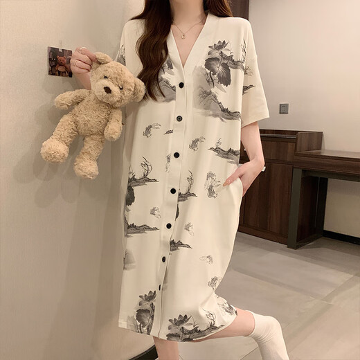 Talihong Nachthemd mit Brustpolster für Frauen für Sommer kurzärmelige dünne Frauen-Pyjamas Feel Tinte Malmalerei große Heimkleidung für Außenkleidung 5155 grüne Blumen mit Brustpolster m