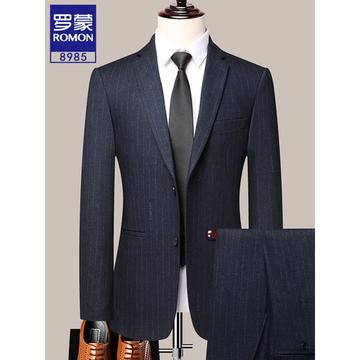 ROMON Striped Suit Men's Suit Formal Professional Wedding Groom's Dress Slim Business Casual Groomsmen's Suit Men's Dark Blue 8985 Suit Top + Pants 175/L Recommended 116-130 Jin Jin equals 0.5 kg