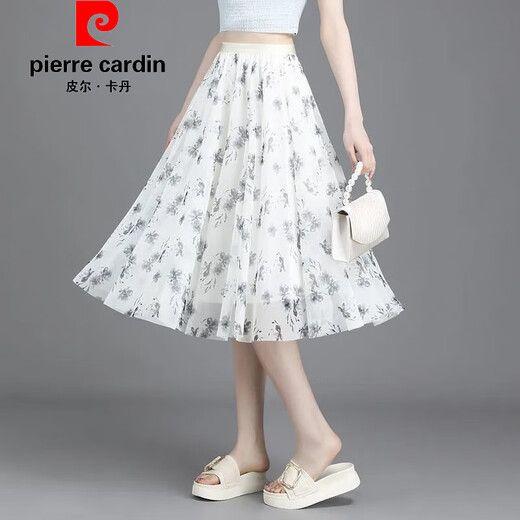 Pierre cardin official brand high-end 2025 summer new floral skirt for women small fresh short skirt large mesh print a letter new fabric chiffon (9906-3) one size (elastic waist)
