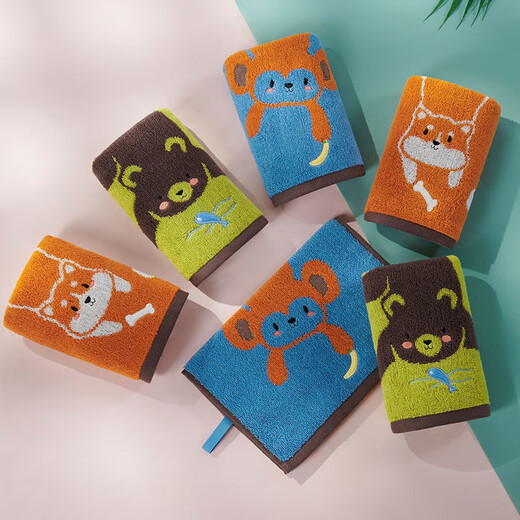 Jieyu Vosges children's absorbent cartoon cotton small towel face towel with lanyard type A, one each in blue and green, 50x25cm