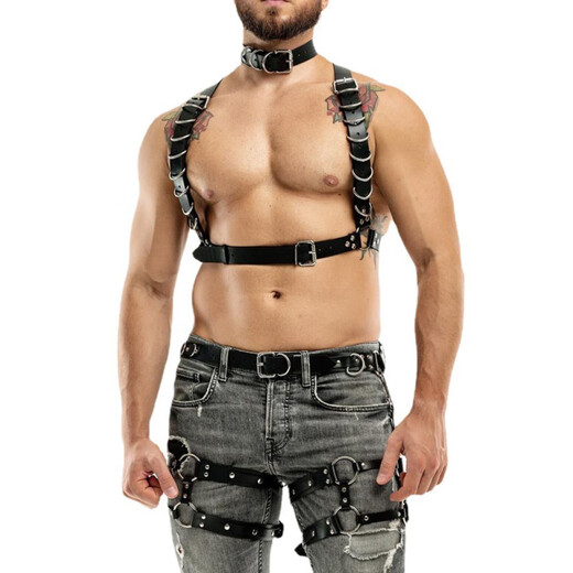 Confidential delivery of men's super sexy leggings, thong strap underwear, large camisole, chest strap, tight muscles, suspender top + shorts + neck ring three-piece set