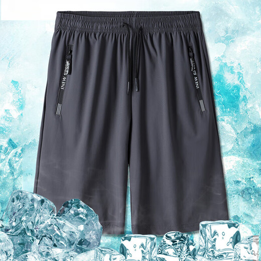 季骆森休闲裤男夏季轻薄冰丝速干五分裤子男士宽松大码潮流运动篮球短裤 黑色+灰色 2XL