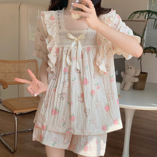 
LangSha pajamas for women in 2025 summer new spring and autumn floral cardigan sweet girl short-sleeved summer home wear suit M1283 blue [main picture] M [recommended 80-100Jin [Jin equals 0.5 kg] wear]