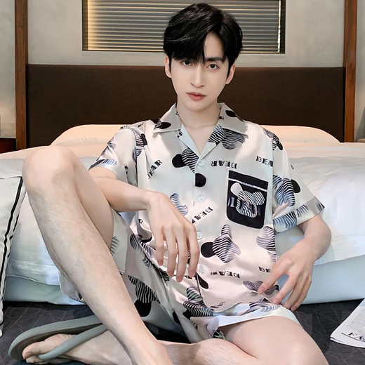 Yu Zhaolin Bingsi Pyjamas für Männer in Sommerdünnen Shorts Shorts Home Clothes für Teenager und Jungen im Sommer großer Größe 25 neuer Stil NSYMK-683-Black- und Weißbärenkopf [Kurzärärmel-Shorts] XL Männer [Empfohlen 130-150jin [Jin gleich 0,5 kg]]