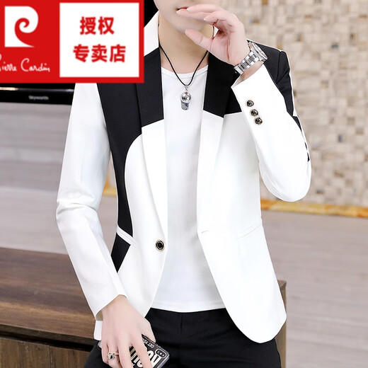 Pierre Cardin (pierre cardin) black and white color matching suit for men, spring and autumn trendy Korean version with personalized design, handsome and slim fit small suit jacket summer long-sleeved white 2XL 180 suitable for 135-145Jin Jin equals 0.5 kg