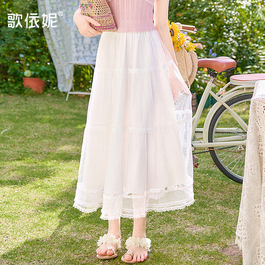 歌依妮夏季新款女装白色蕾丝裙百褶裙A字裙雪纺裙子半身长裙半身裙 白色 S