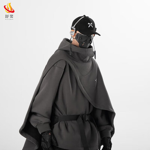 Shushuang 2025 autumn and winter large size heavy industry cloak men's heavy functional loose coat shawl fake two-piece hooded jacket black regular XL recommended 115-145Jin Jin equals 0.5 kg