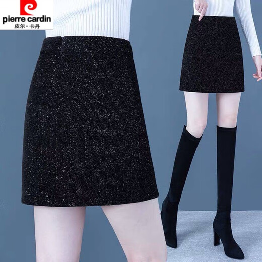 Pierre Cardin Chenille Bright Silk Skirt Women's Autumn and Winter New High Waist Slim Simple Versatile A-Line Short Skirt Hip Cover Black + Safety Pants M 96-105Jin Jin is equal to 0.5 kg