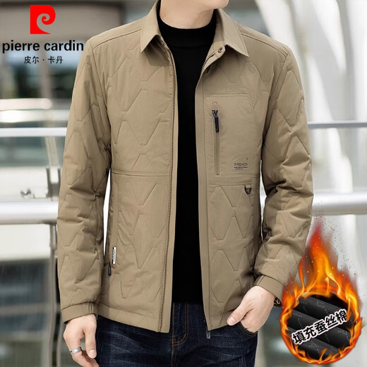 Pierre Cardin autumn and winter casual men's thickened coat warm lapel short jacket men's mulberry silk cotton jacket 2025 new khaki XL recommended 140-155Jin Jin equals 0.5 kg