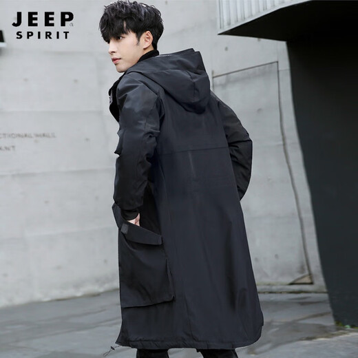 JEEP SPIRIT spring and autumn mid-length windbreaker men's cloak loose jacket plus fat plus size coat fat man hooded trendy thickened black quilted and thickened 6XL