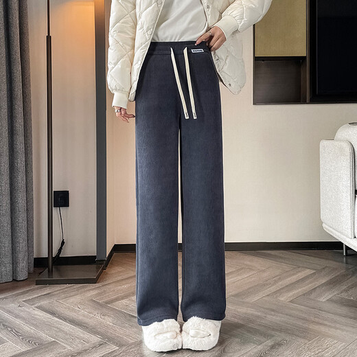 棉致加绒加厚显瘦羊羔绒阔腿裤子女秋冬季宽松高腰直筒休闲裤女棉裤 9767灰蓝色【羊羔绒高品质24.5】 M 80-100斤