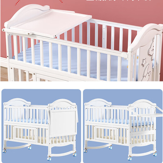Crib solid wood unpainted multifunctional newborn baby cradle bed children's removable and splicable baby bed 598 log bed + mosquito net + brown mat large bed 120*65*98cm (changeable children's bed)