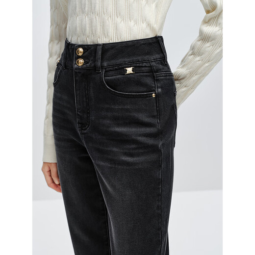 Peacebird Women's Jeans High Waist Harem Autumn and Winter Warm Denim Two Buttons Tapered Women's Denim Medium Black M