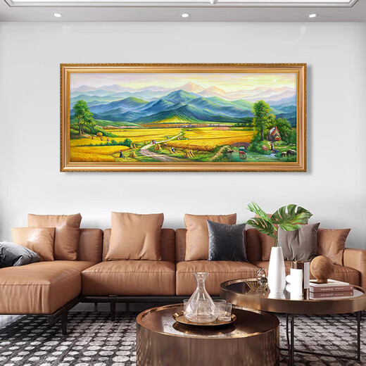 帝旗原创《龙抬头》手绘山水画风景油画欧美式客厅装饰画麦田丰收挂画 692金实木框 240X100