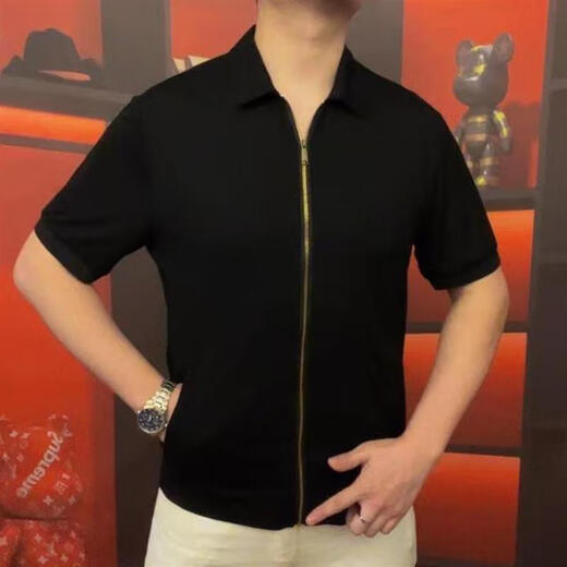 VBPBSQL天骏百货男翻领开衫拉链款短袖商务休闲休闲百搭高品质半袖OP3889 黑色 M 48_(_100-125斤)