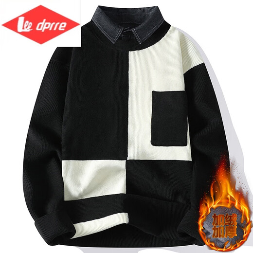 Lee dprre男士衬衫领毛衣秋冬季加绒加厚假两件毛线衣青年休闲打底针织衫男 M9923米白 M