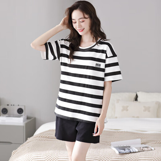 胖东来2023织睡衣女夏季纯棉短袖短裤夏天条纹薄款可外穿家居服套装 YZT9885 M 码建议80-100斤