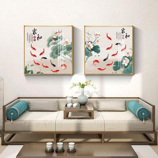 Xiaolulin Chinese style Jiuyu drawing decoration painting restaurant painting study office tea room hanging painting entrance entrance cabinet living room mural 15915 surplus year after year tempered crystal porcelain 70*70 black frame
