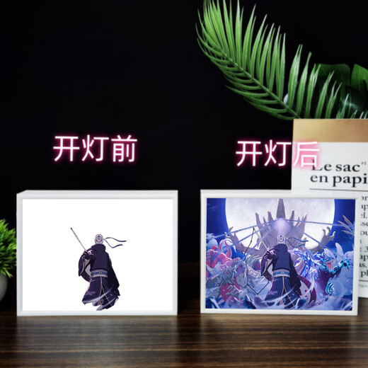 镜子灯光画火影忍者宇智波带土手办周边可定制氛围感发光相框礼物 13661 宇智波带土-神威 线稿白框16.5*21充电款