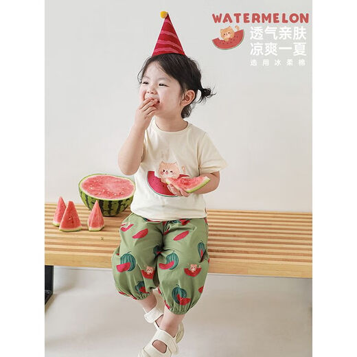 Youyou Girls Watermelon Series T-Shirt 2024 Summer New Cute Cartoon Green Shorts Baby Leg Pants Trendy Shorts Green (X3887) 90cm