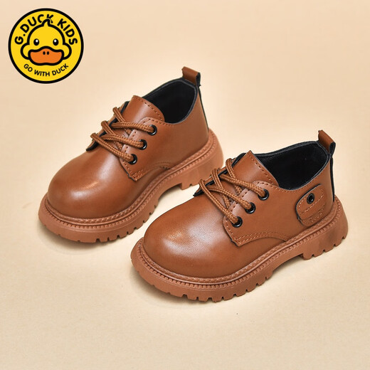 G.duck Little Yellow Duck Boys' Leather Shoes British Style 2024 Spring Soft Sole Children's Baby Shoes Korean Style Lace-Up Little Girls Leather Shoes Black 23