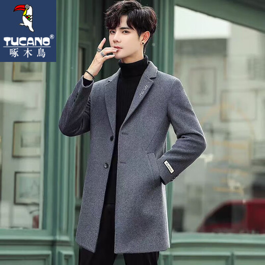 Woodpecker (TUCANO) Autumn and Winter Woolen Jacket Coat Men's Korean Style Trendy Thickened Mid-Length Woolen Jacket Men's Windbreaker Short Letter Black XL (115-130Jin Jin is equal to 0.5kg)
