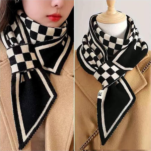 SOMUBAY千鸟格小围巾女冬季高级感2024新款假领子三角丝巾护颈围脖套礼物 卡其米（小熊） 均码