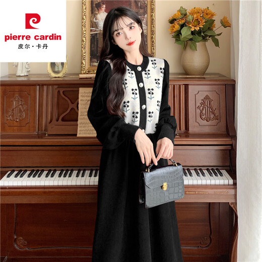 Pier Cardin Strick Cordinoy verdickte Kleid im Herbst und Winter Neue große Größe Frauenkleidung Fett MM Slim Red Innenschicht mit einer langen Basis schwarz #6198 m Empfohlen 105 Jin [Jin entspricht 0,5 kg]