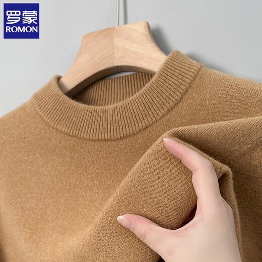ROMON woolen sweater for men in winter thickened warm base knitted solid color 100% wool middle-aged casual all-match sweater for men bright rice camel XL recommended 140-155Jin Jin equals 0.5 kg