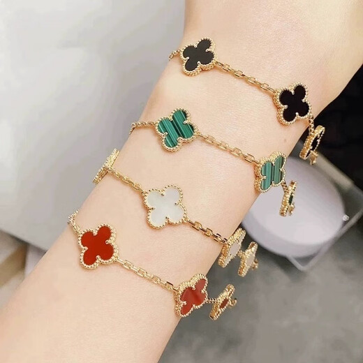 Fat Donglai's same style gold bracelet 18K gold four-leaf clover five-flower Au750 rose gold as a Valentine's Day gift for girlfriend Red four-leaf clover bracelet gold color