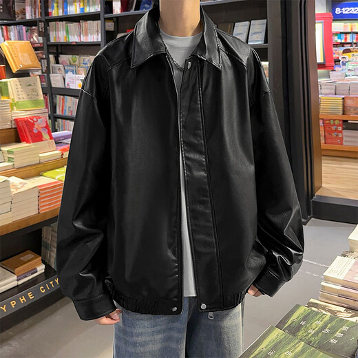 Shelley Jones American Retro Leather Jacket for Men and Women Spring and Automne New Style Handsome Top Top Loose Casual Couple Veste Black L [Recommandé 110-125 Jin [Jin est égal à 0,5 kg]]]