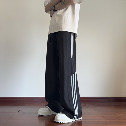 NASAWASSUP条纹冰丝裤子男款夏季薄款速干拖地裤直筒青少年宽松阔腿休闲裤男 绿色K365-CQS 2XL 【建议135-155斤】