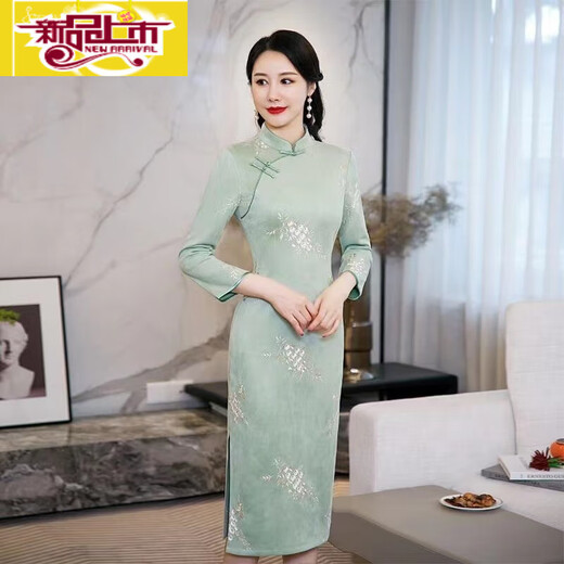 Initial diameter plus velvet and thickened cheongsam 2025 new autumn and winter young style improved retro long-sleeved long style women's pink warm pink velvet and thickened M 85-100Jin Jin equals 0.5 kg