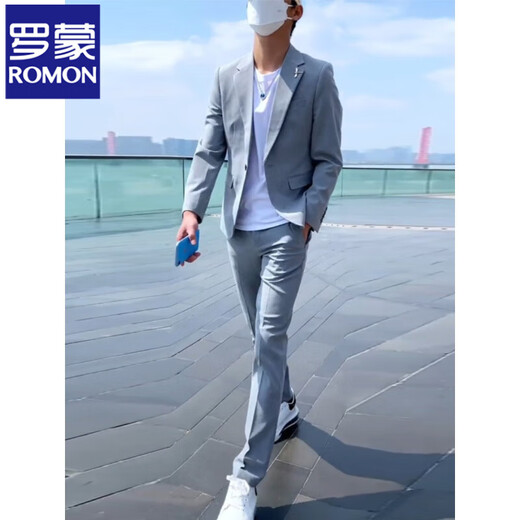 ROMON high-end suit suit for men, business casual, versatile suit, two-piece suit, Korean version, slim fit groom's wedding dress, light gray two-piece suit (suit + pants) 2XL Recommendation 135Jin Jin is equal to 0.5kg -149Jin Jin is equal to 0.5kg