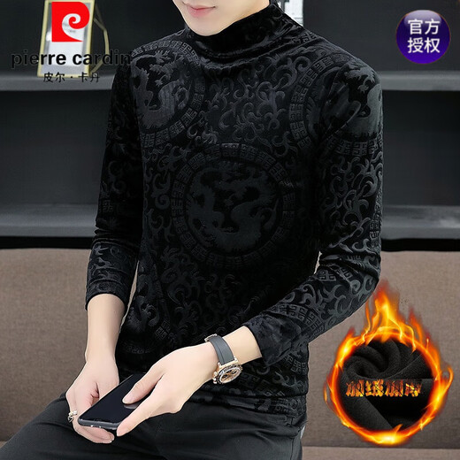 Pierre Cardin plus Samt verdickte halbe Rollkragenpullover-Basis-Hemd-Hemd-Hemd von Herren-Gold-Samt Langarm T-Shirt im Herbst und Winter Innenkleidung T 693 Black XL